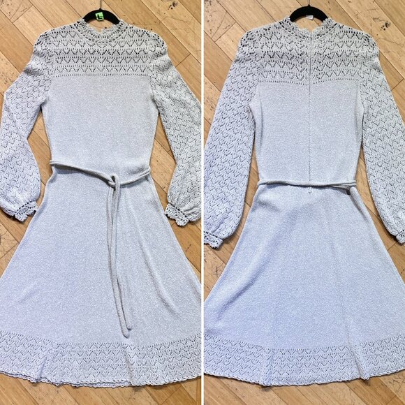 Vtg 60s 70s Picardo Knits Pointele Crochet Sweater Midi Dress Silver Bishop L XL - Picture 2 of 5